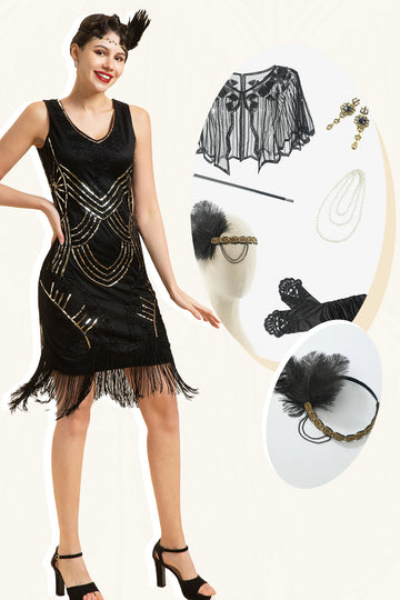 Svarta paljettfransar 1920-talets Gatsby Flapper-klänning med 20-talstillbehör Set